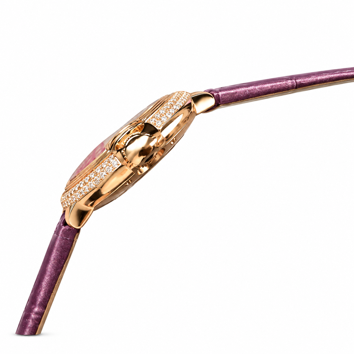Cartier Ballon Bleu 33mm — 18K Rose Gold, Diamond Bezel, Silver Dial & Purple Alligator Strap, Automatic