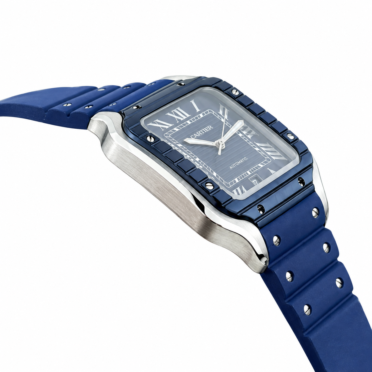 Cartier Santos de Cartier Large — Steel & Blue ADLC, Blue Dial, Roman Numerals, Date & Blue Rubber Strap, Automatic