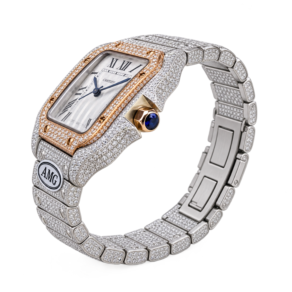 Cartier Santos Large Custom Iced Out — Two-Tone, Full Diamond Pavé, White Dial, Date, Automatic