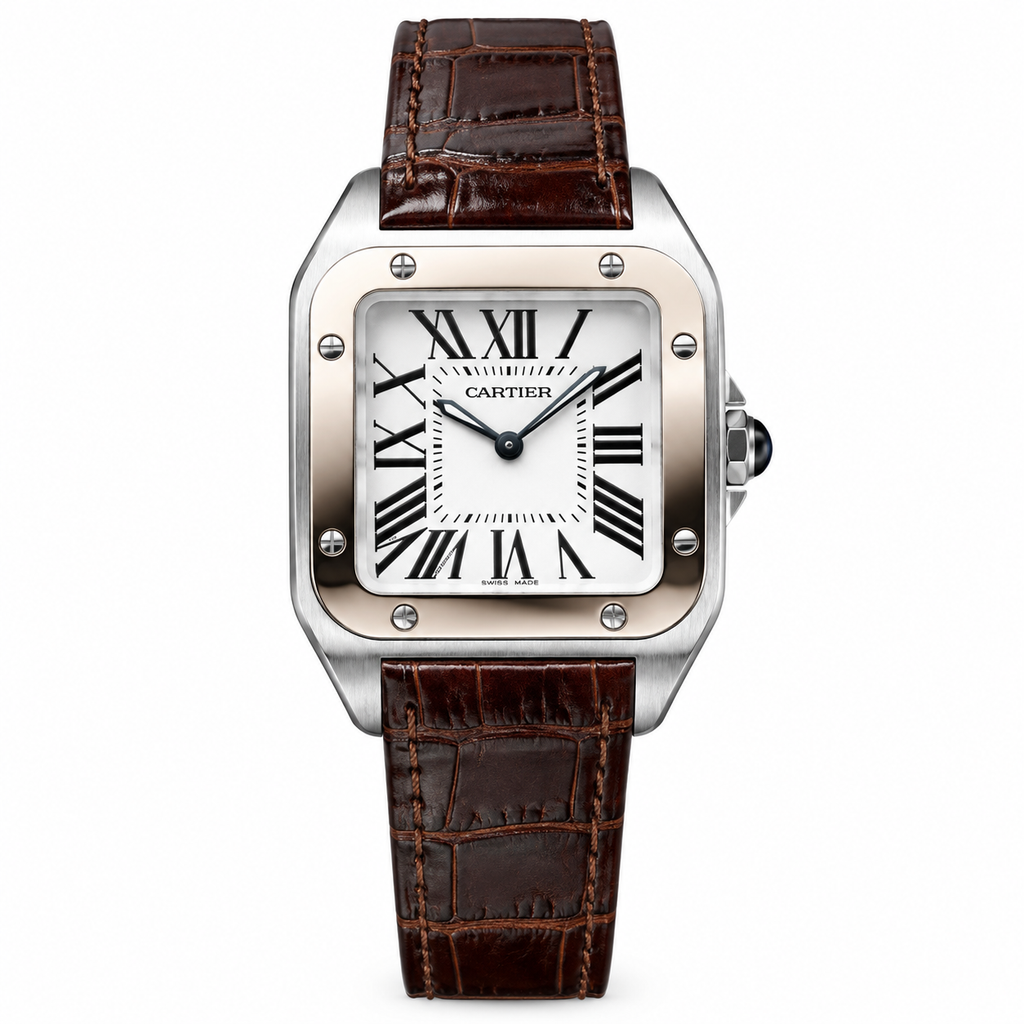 Cartier Santos Dumont Steel Rose Gold White Dial Brown Strap Watch – KDY