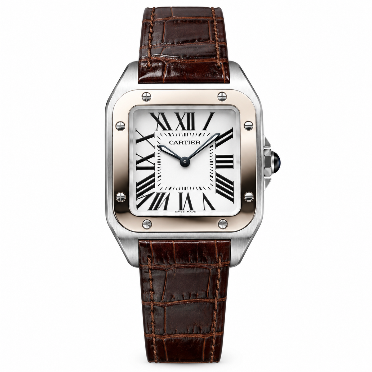 Cartier Santos Dumont Steel Rose Gold White Dial Brown Strap Watch – KDY