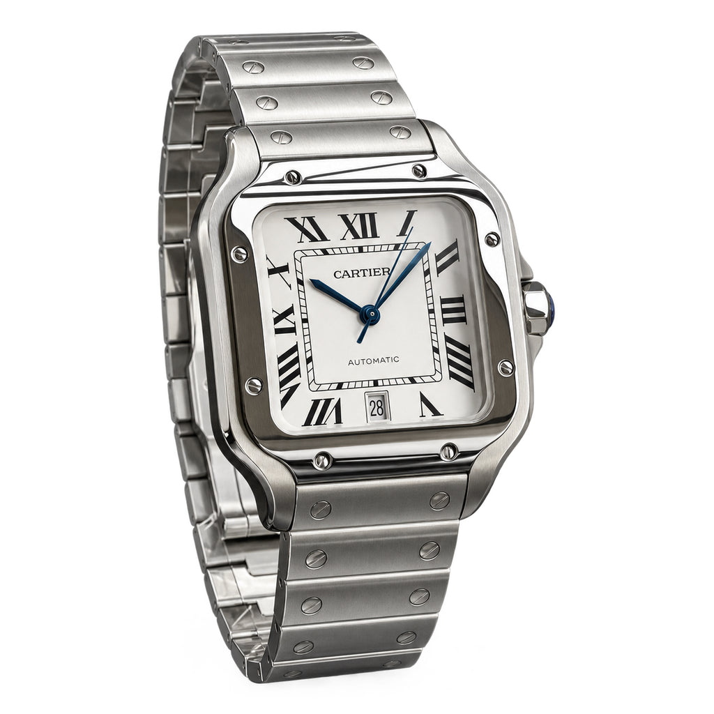 Cartier Santos Large — Stainless Steel, White Dial, Roman Numerals & Steel Bracelet, Automatic