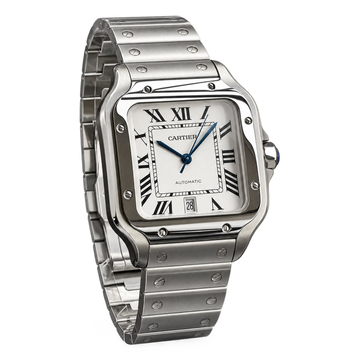 Cartier Santos Large — Stainless Steel, White Dial, Roman Numerals & Steel Bracelet, Automatic