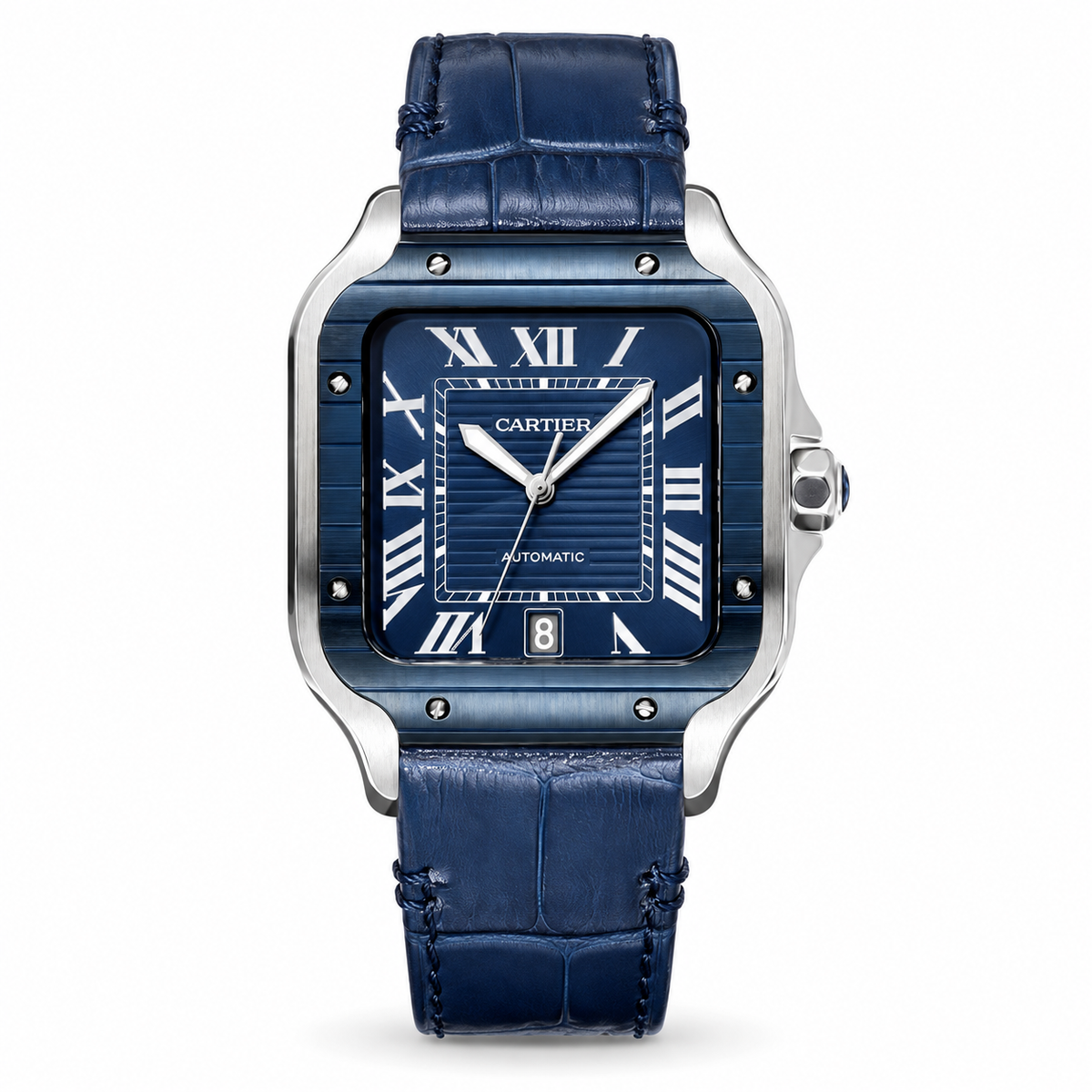 Cartier Santos de Cartier Automatic — Blue ADLC Bezel, Silver Dial & Blue Leather Strap