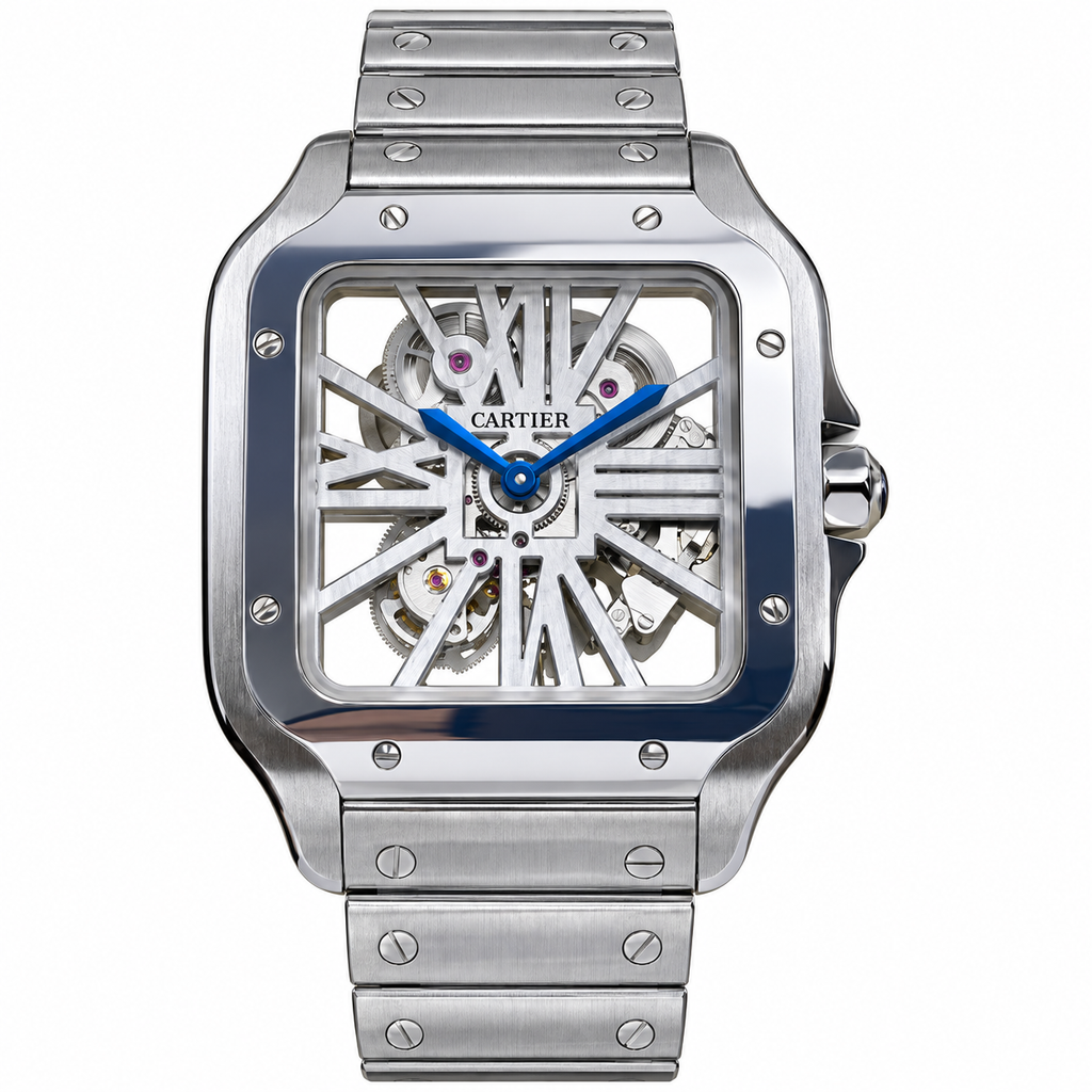 Cartier Santos Large Skeleton — Steel, Skeleton Dial, Blue Hands & Steel Bracelet, Manual Wind