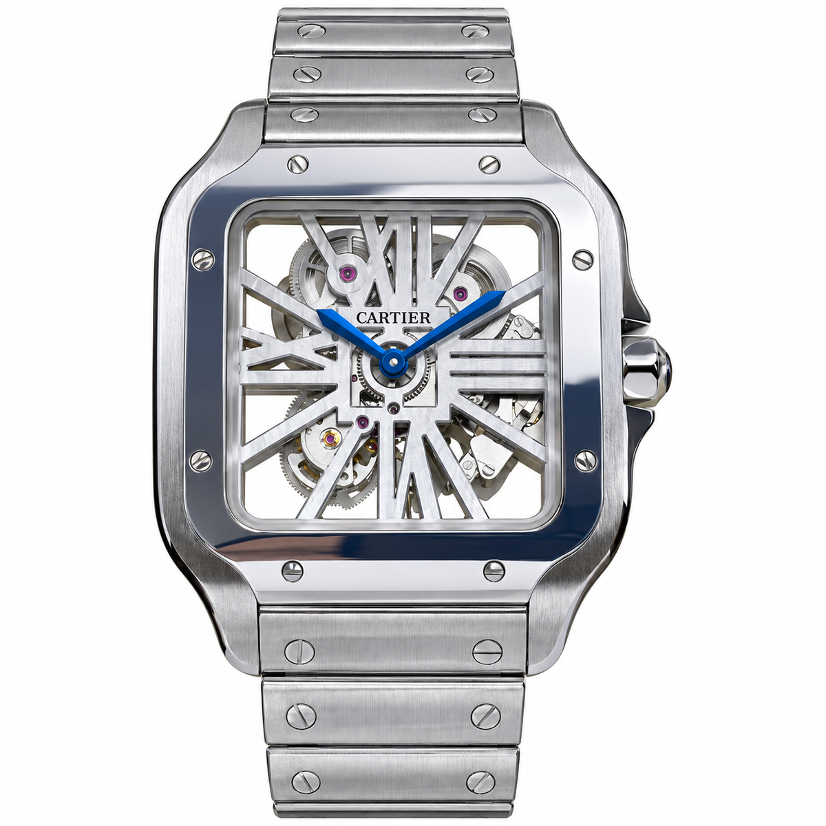 Cartier Santos Large Skeleton — Steel, Skeleton Dial, Blue Hands & Steel Bracelet, Manual Wind