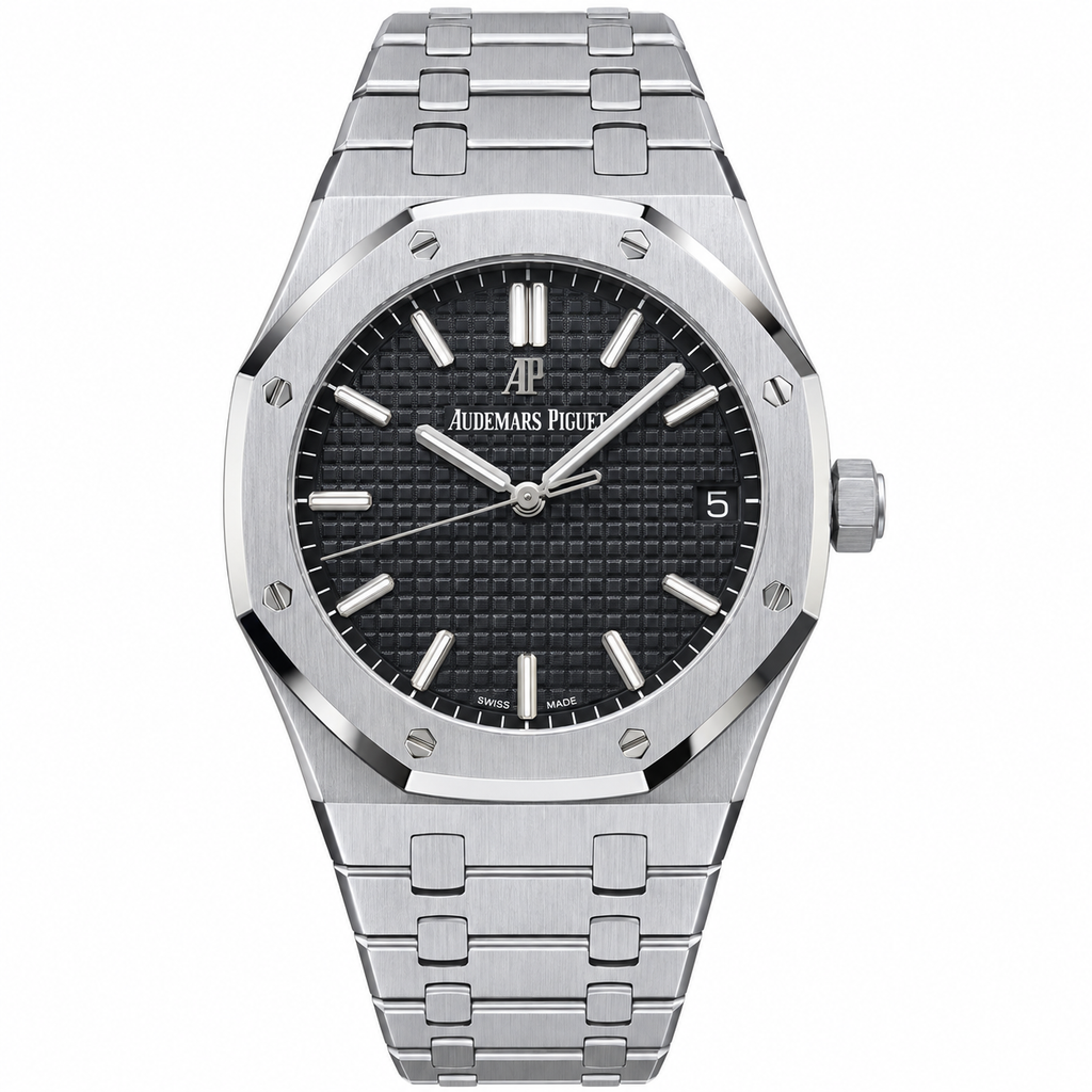 Audemars Piguet Royal Oak 41mm Stainless Steel Black Petite Tapisserie Dial White Gold Indexes AP Monogram Date Integrated Bracelet Ref 15500ST
