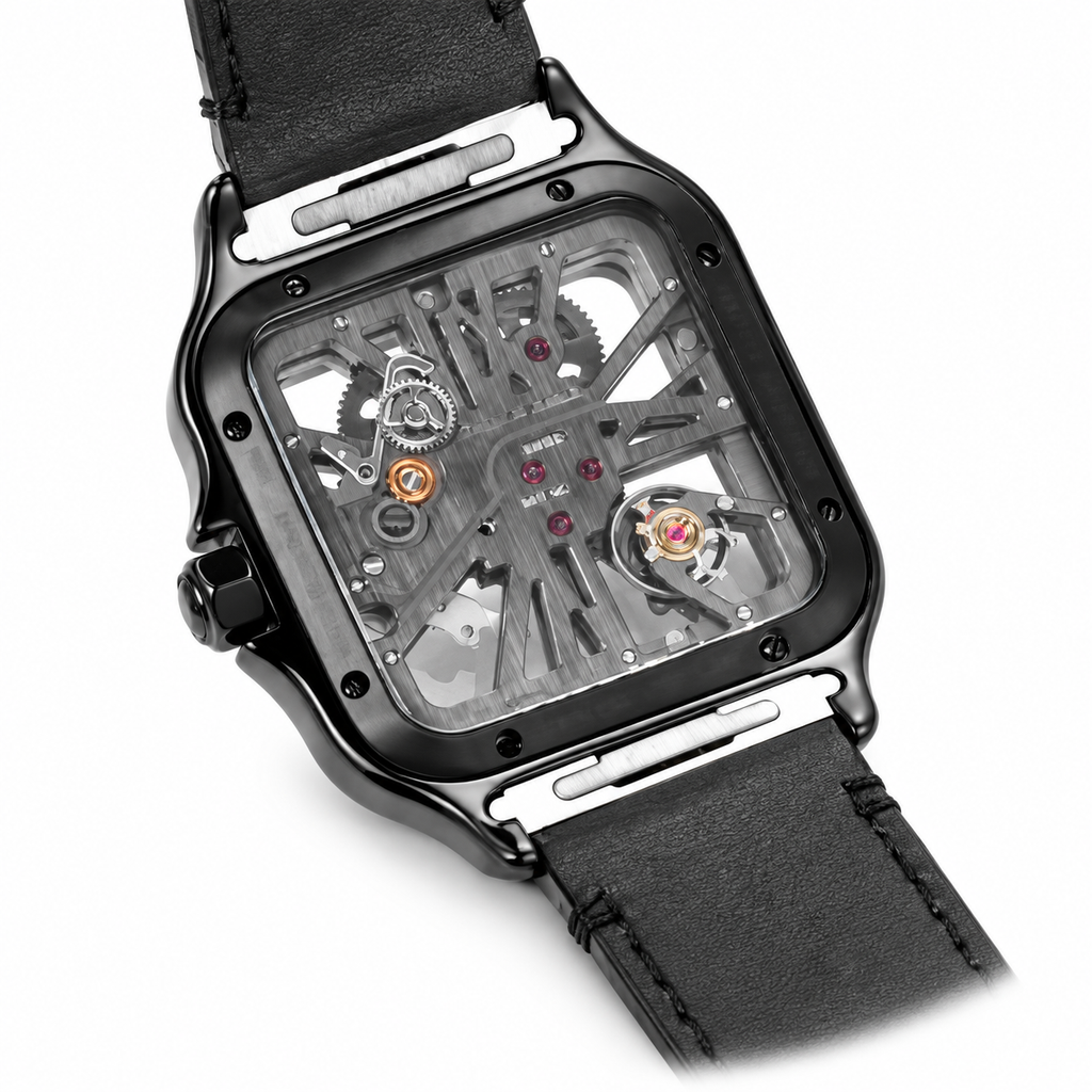 Cartier Santos de Cartier Skeleton Automatic — Full Black ADLC, Skeleton Dial & Black Alligator Strap, Large