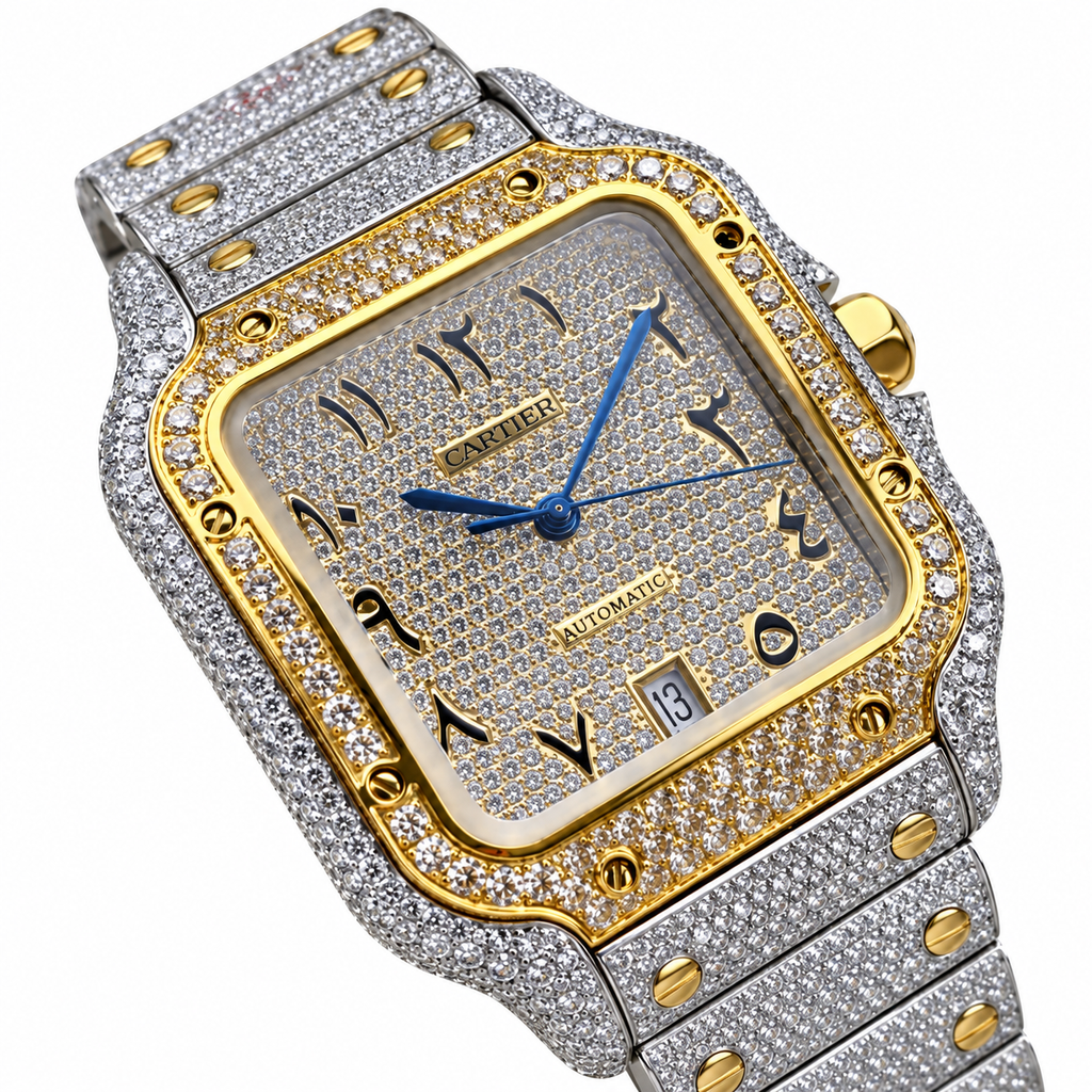 Cartier Santos Automatic — Full Diamond Iced Out, Two-Tone Gold & Steel