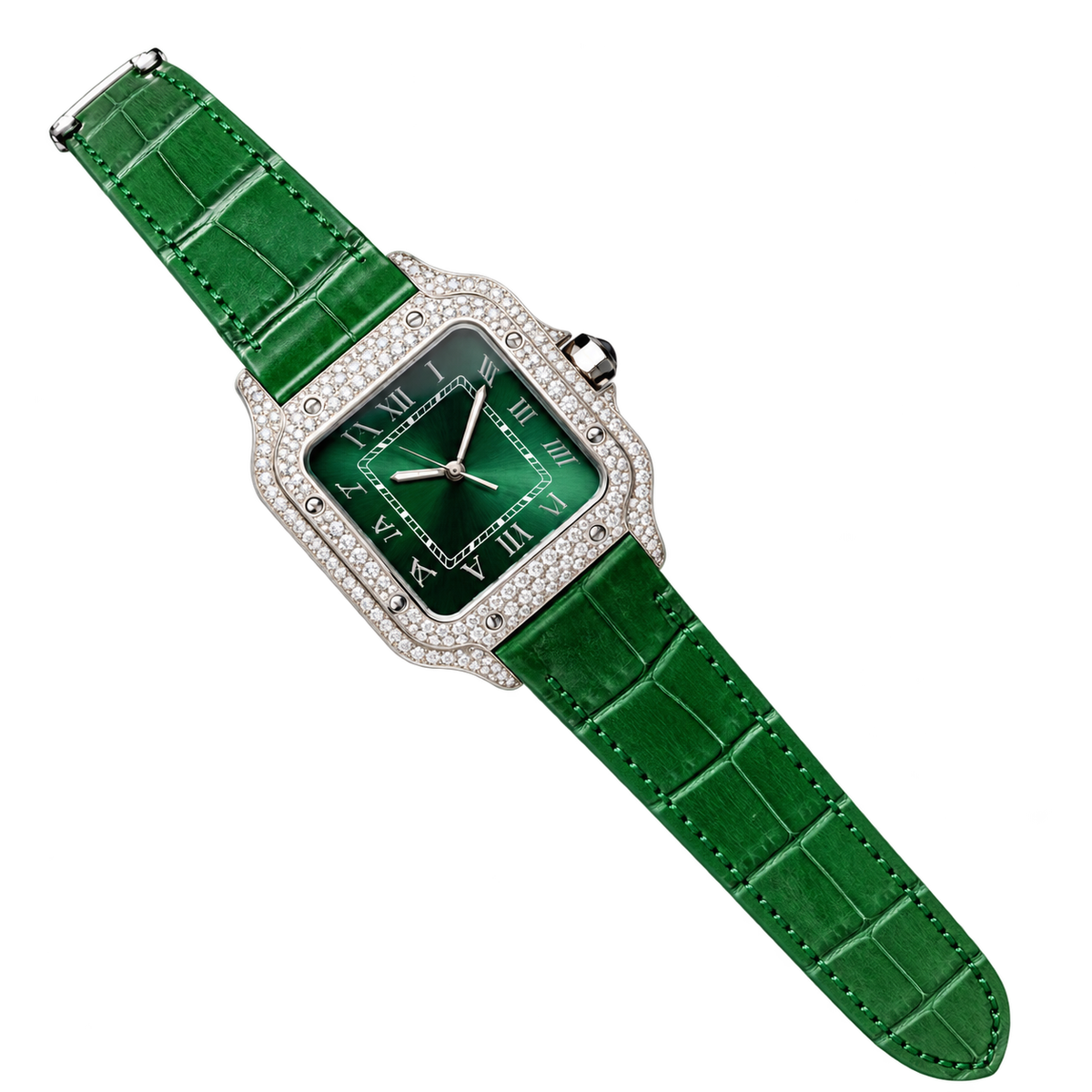 Cartier Santos de Cartier Automatic — 18K White Gold, Full Diamond Bezel, Green Arabic Dial & Green Alligator Strap