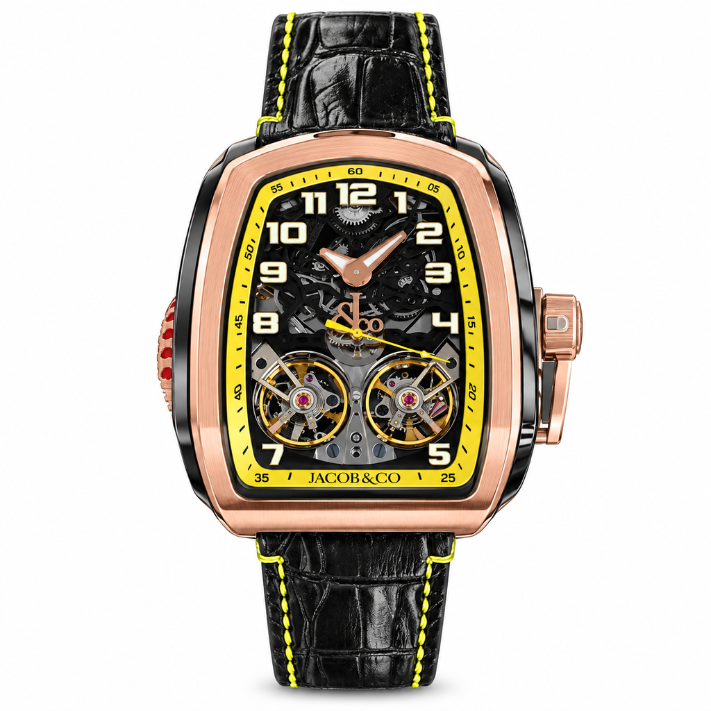 Jacob & Co. Palatial Flying Tourbillon 18K Rose Gold Black DLC Double Skeleton Yellow Chapter Ring Black Alligator Leather Watch