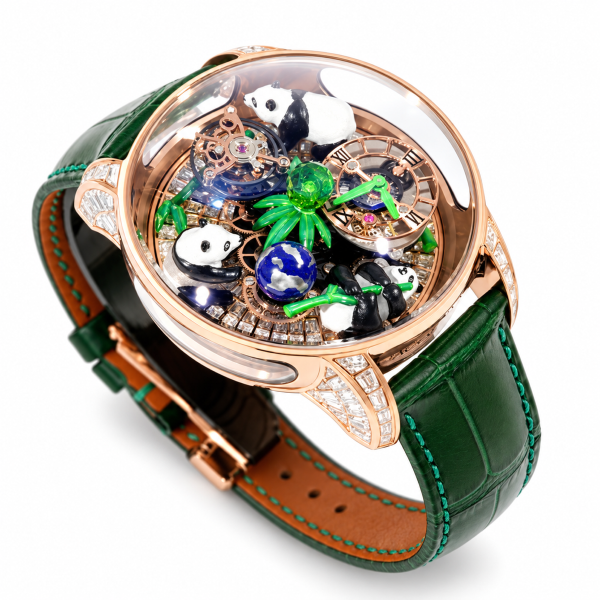 Jacob & Co. Astronomia Panda Rose Gold Diamond Tourbillon Green Leather Watch