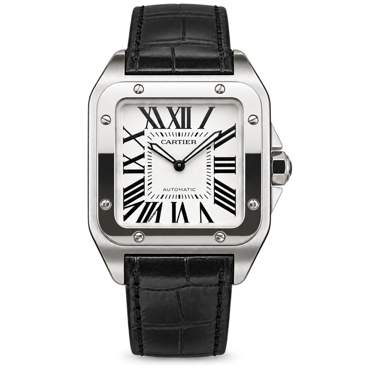 Cartier Santos 100 Large Automatic White Dial Black Alligator Leather Men's Luxury Watch Swiss Made
