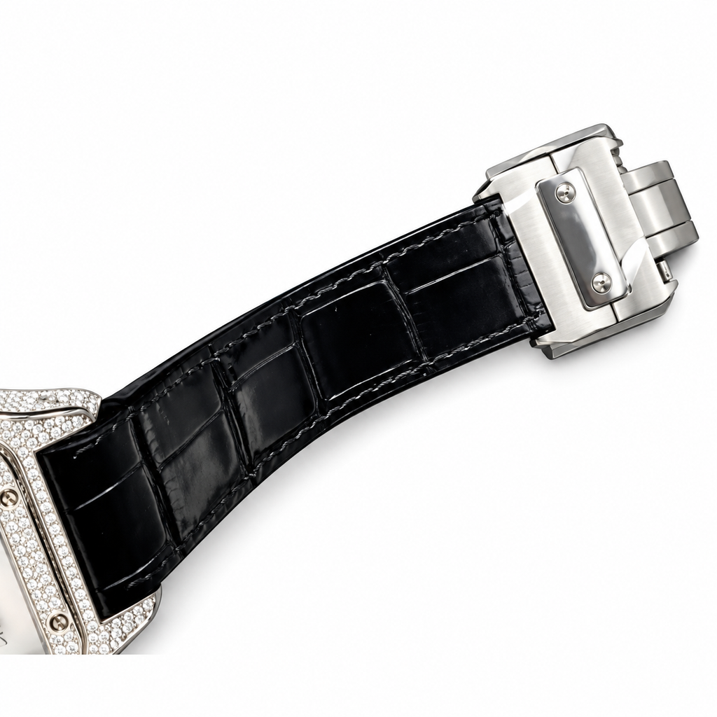 Cartier Santos — 18K White Gold, Full Diamond Case, Panthère Dial, Mother-of-Pearl & Black Alligator Strap, Quartz