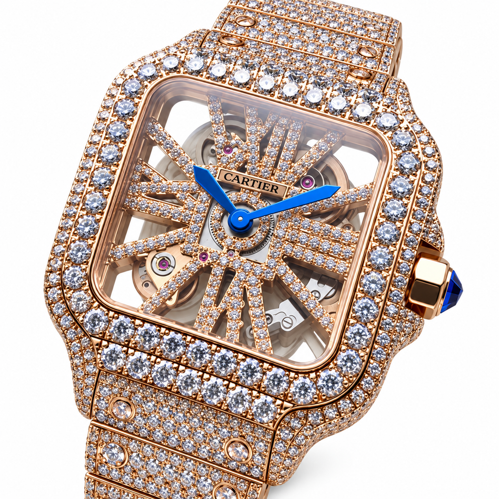 Cartier Santos Large Skeleton — 18K Rose Gold, Full Diamond Case & Bracelet, Skeleton Dial, Automatic