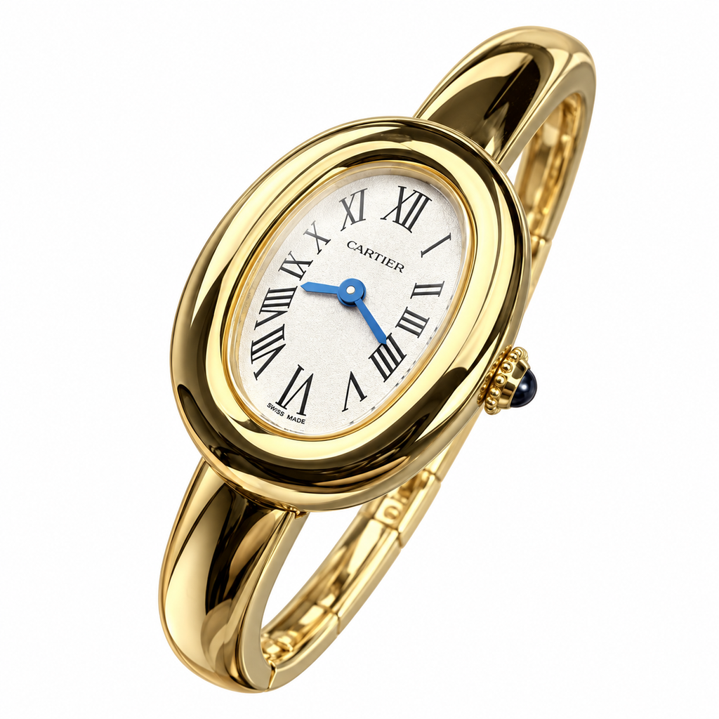 Cartier Baignoire Mini — 18K Yellow Gold, White Dial, Roman Numerals & Gold Bangle, Women
