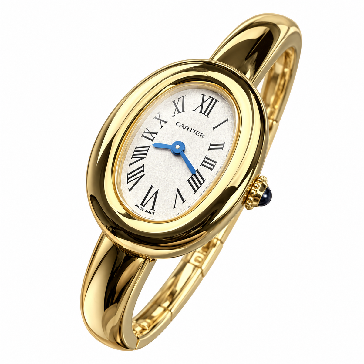 Cartier Baignoire Mini — 18K Yellow Gold, White Dial, Roman Numerals & Gold Bangle, Women