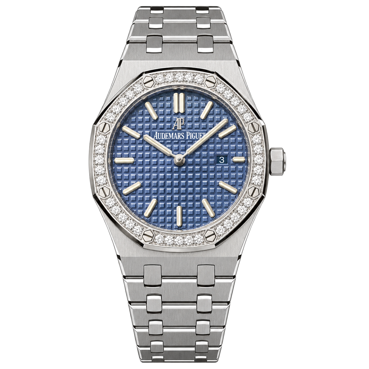 Audemars Piguet Royal Oak Ladies Diamond Bezel Blue Dial Steel Bracelet Watch