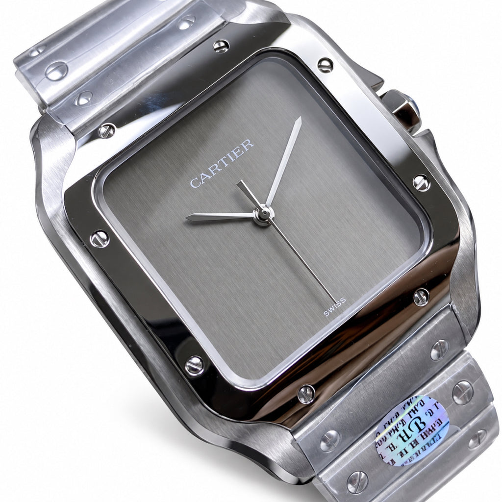 Cartier Santos Automatic Grey Dial Stainless Steel Bracelet Luxury Watch Swiss Made