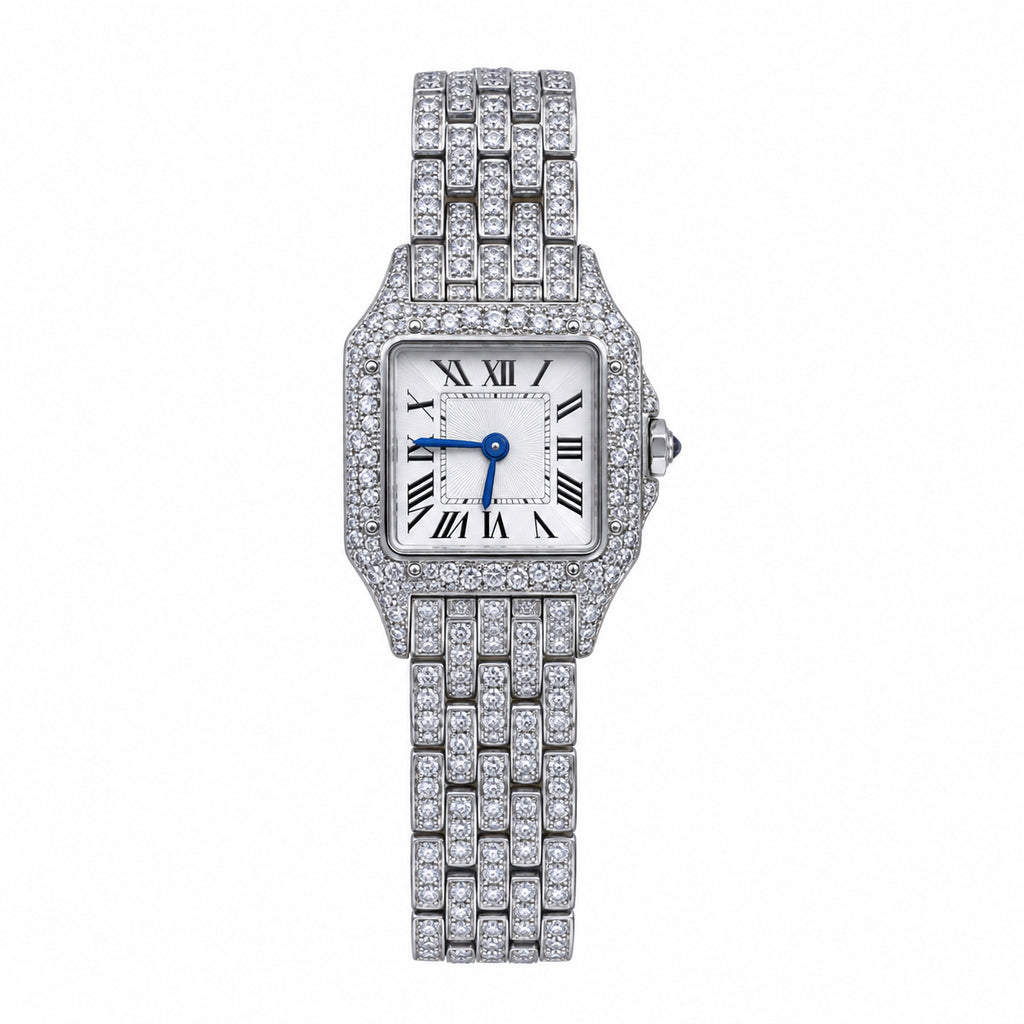 Cartier Panthère de Cartier Medium — Full Iced-Out Diamonds, White Dial, Roman Numerals & Diamond Bracelet, Women