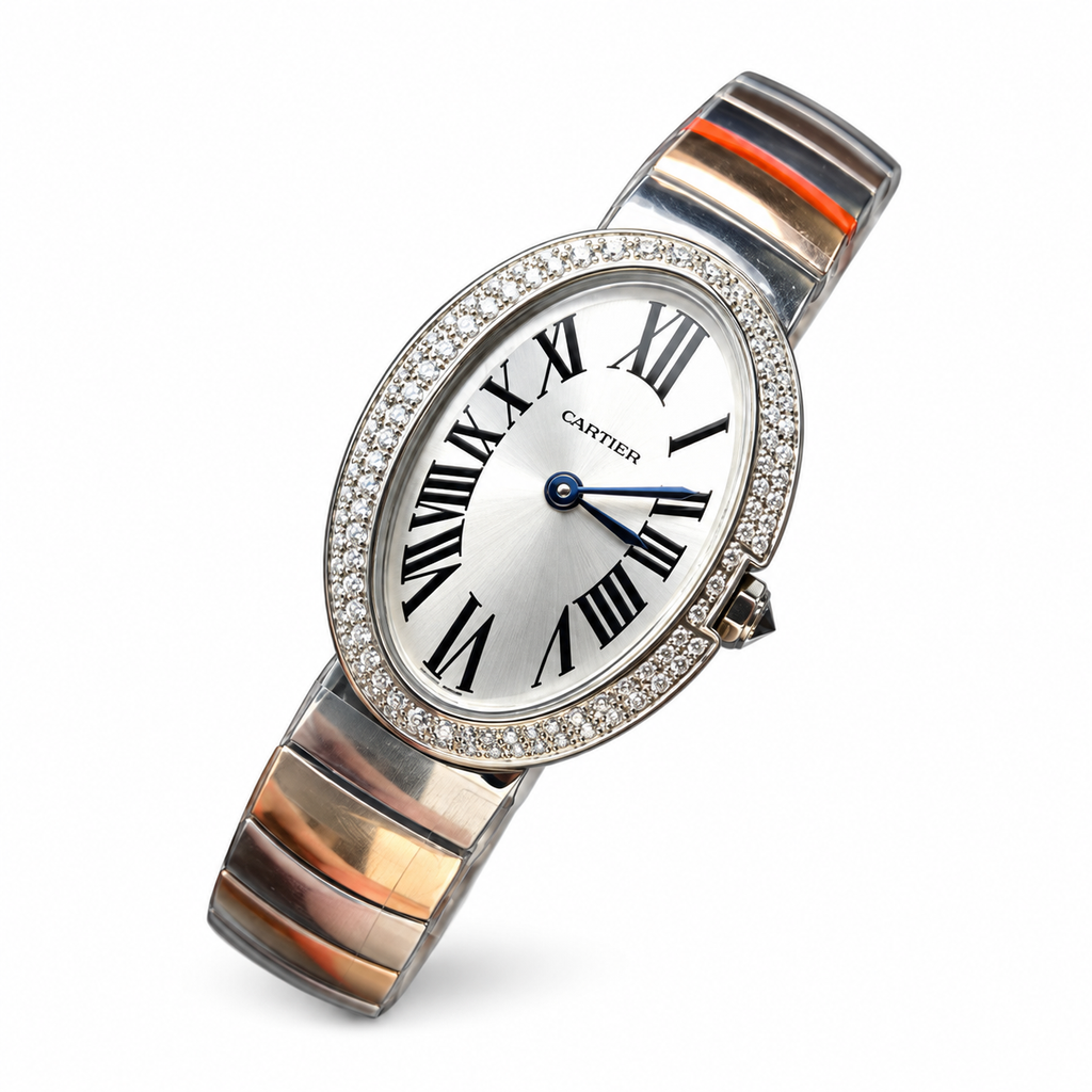 Cartier Baignoire — 18K White Gold, Diamond Bezel & Two-Tone Gold Bracelet