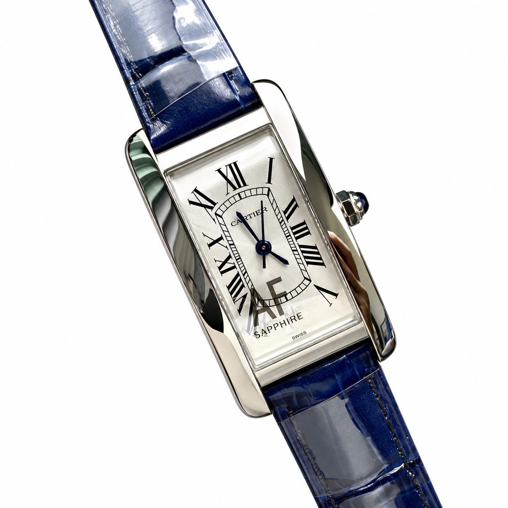 Cartier Tank Américaine — 18K White Gold, Silver Dial & Blue Alligator Strap