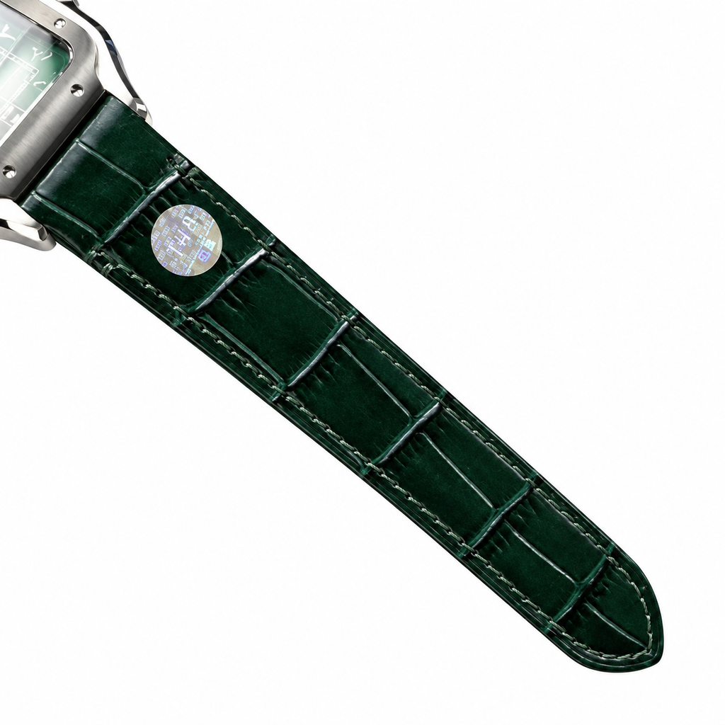 Cartier Santos Large — Steel, Green Dial, Arabic Calligraphy, Date & Green Alligator Strap, Automatic