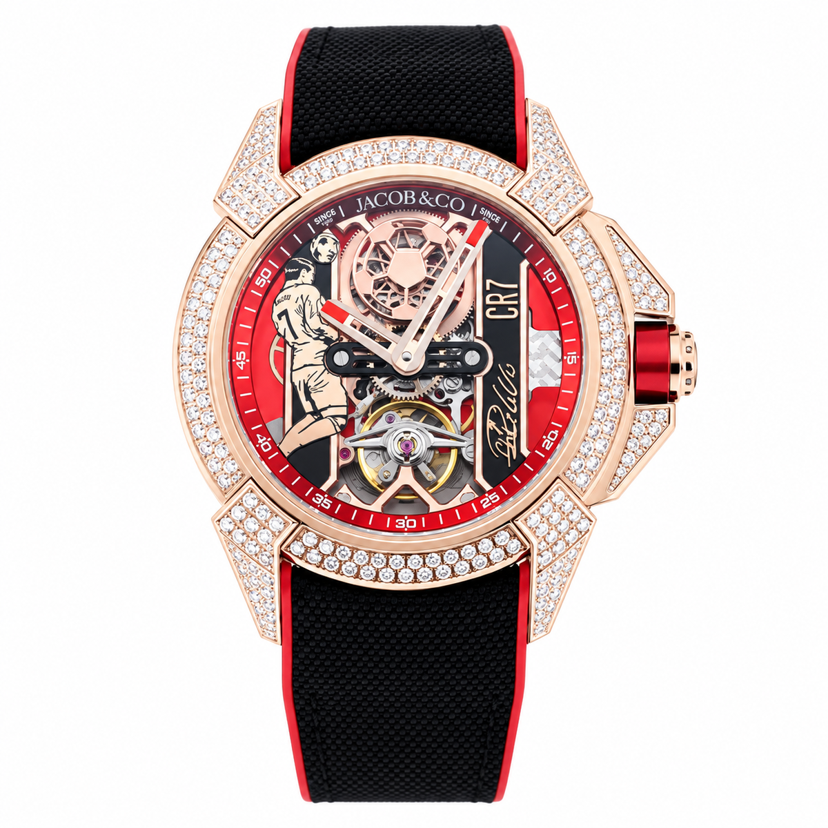 Jacob & Co. Epic X CR7 Rose Gold Diamond Tourbillon Skeleton Red Rubber Watch