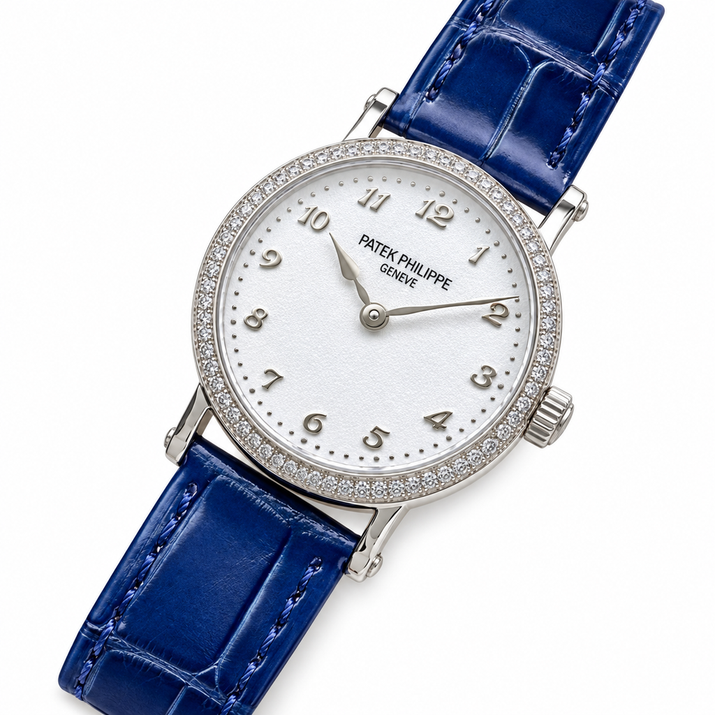 Patek Philippe Calatrava — 18K White Gold, Diamond Bezel & Blue Alligator Strap
