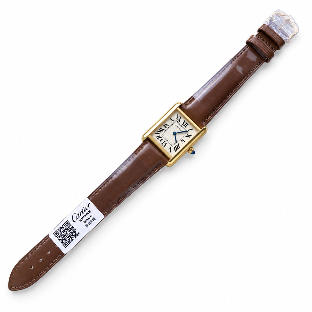 Cartier Tank Solo — 18K Yellow Gold, Ivory Dial, Date & Brown Leather Strap, Large