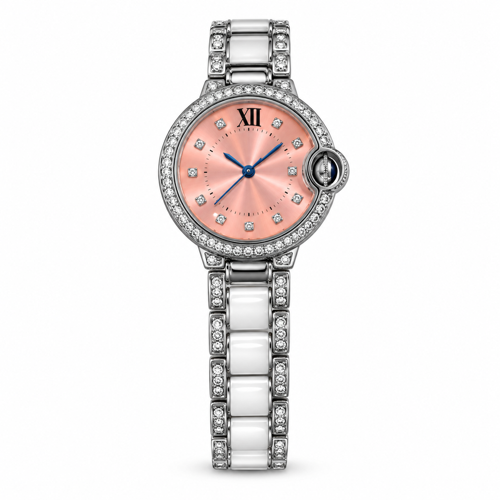 Cartier Ballon Bleu de Cartier — Diamond Bezel, Pink Dial & White Ceramic Bracelet