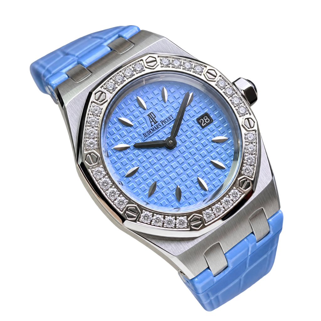 Audemars Piguet Royal Oak Ladies Diamond Bezel Sky Blue Dial Rubber Strap Roger Federer Edition