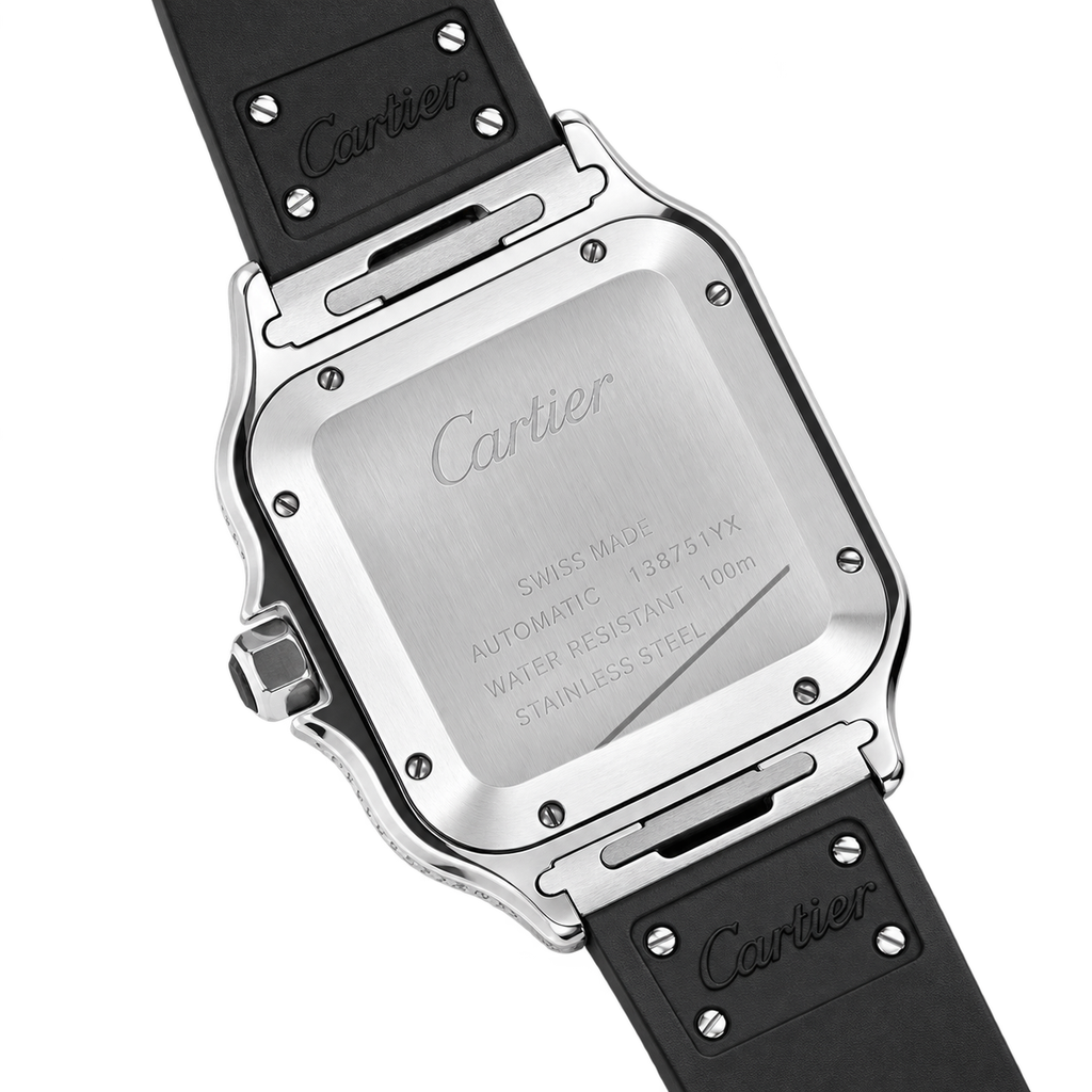 Cartier Santos Large — Steel, Full Diamond Bezel & Lugs, Black Dial, Arabic Calligraphy, Date & Black Rubber Strap, Automatic