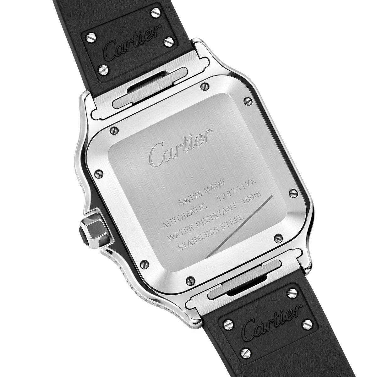 Cartier Santos Large — Steel, Full Diamond Bezel & Lugs, Black Dial, Arabic Calligraphy, Date & Black Rubber Strap, Automatic