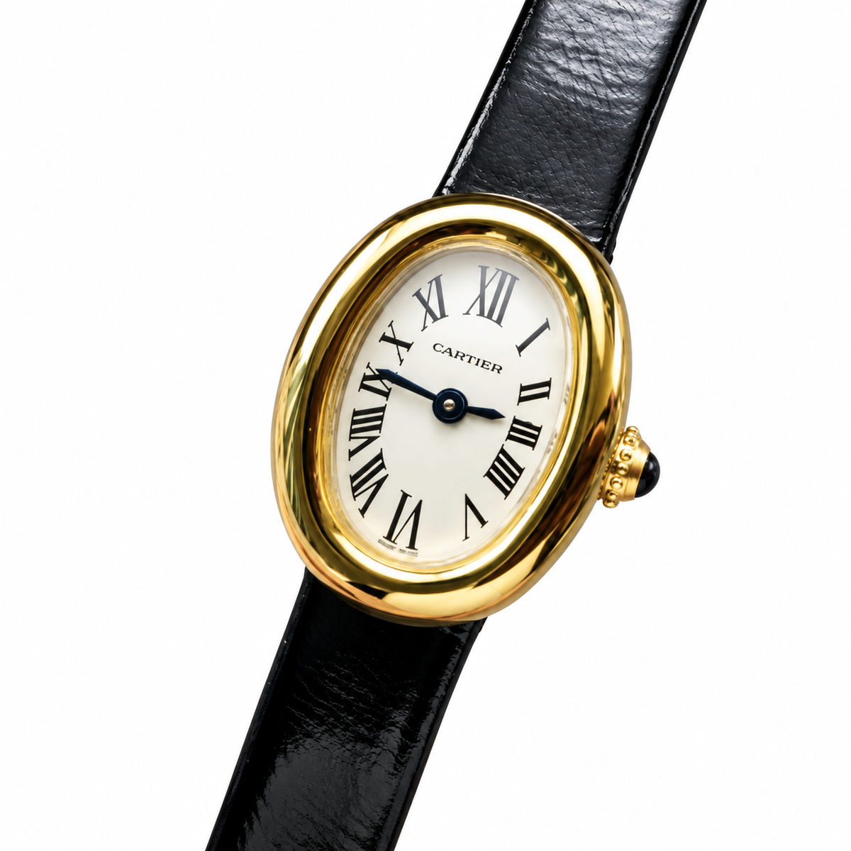 Cartier Baignoire Vintage Small — 18K Yellow Gold, Cream Dial, Roman Numerals & Black Leather Strap, Women