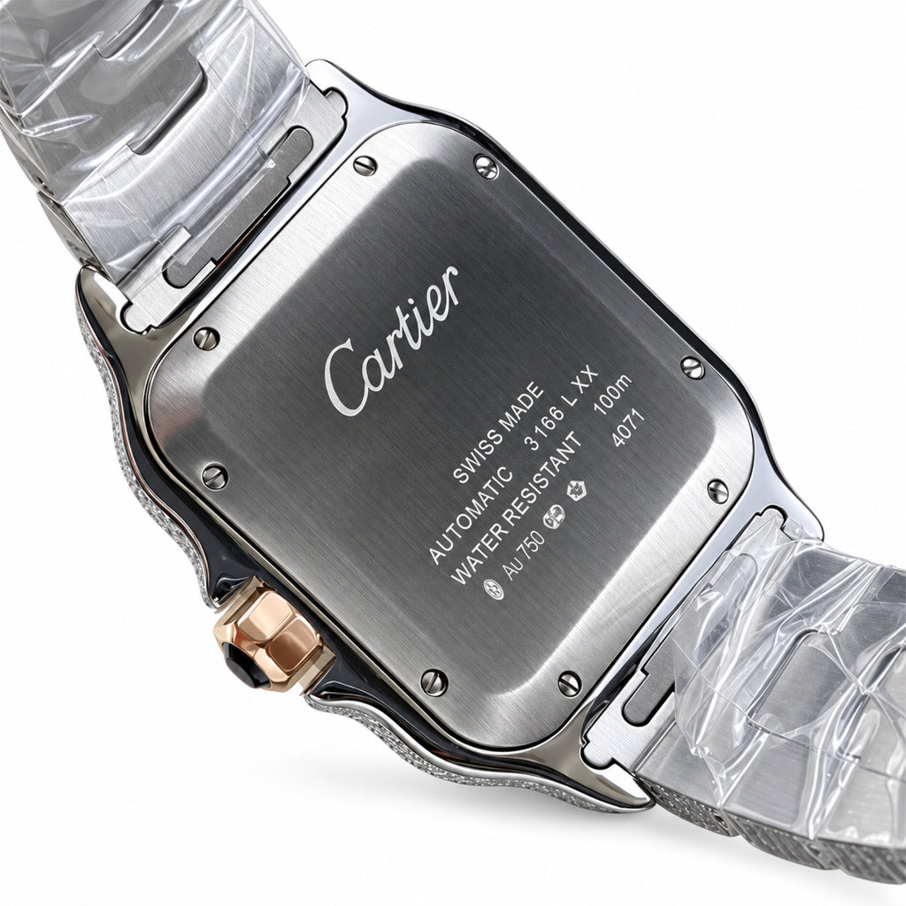 Cartier Santos de Cartier Large — Steel & Rose Gold, Full Iced-Out Diamonds, Blue Dial, Date & Diamond Bracelet, Automatic