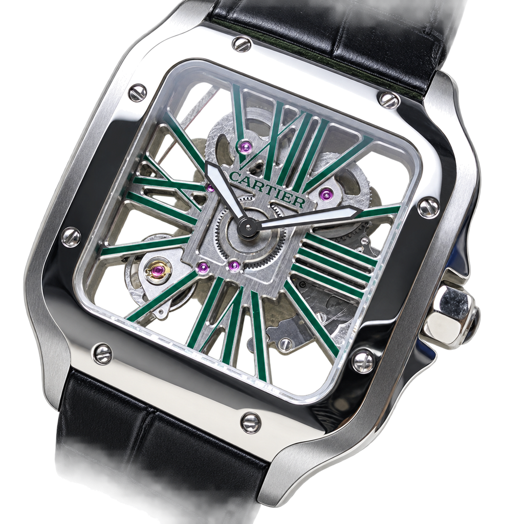 Cartier Santos de Cartier Skeleton — Stainless Steel, Green Roman Numerals & Black Leather Strap