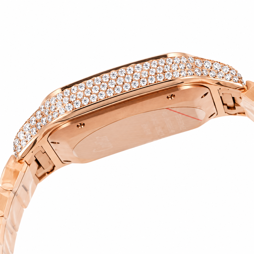 Cartier Santos Large — 18K Rose Gold, Full Diamond Bezel & Lugs, White Dial, Arabic Calligraphy, Date & Rose Gold Bracelet, Automatic