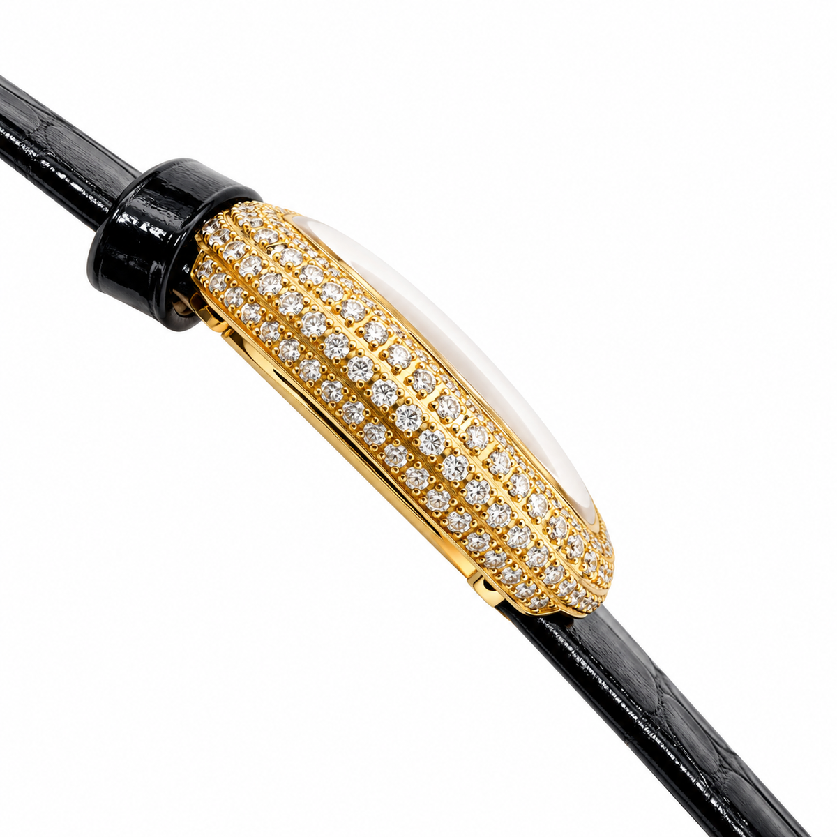 Cartier Baignoire Vintage Small — 18K Yellow Gold, Double Diamond Bezel, Cream Dial & Black Leather Strap, Women