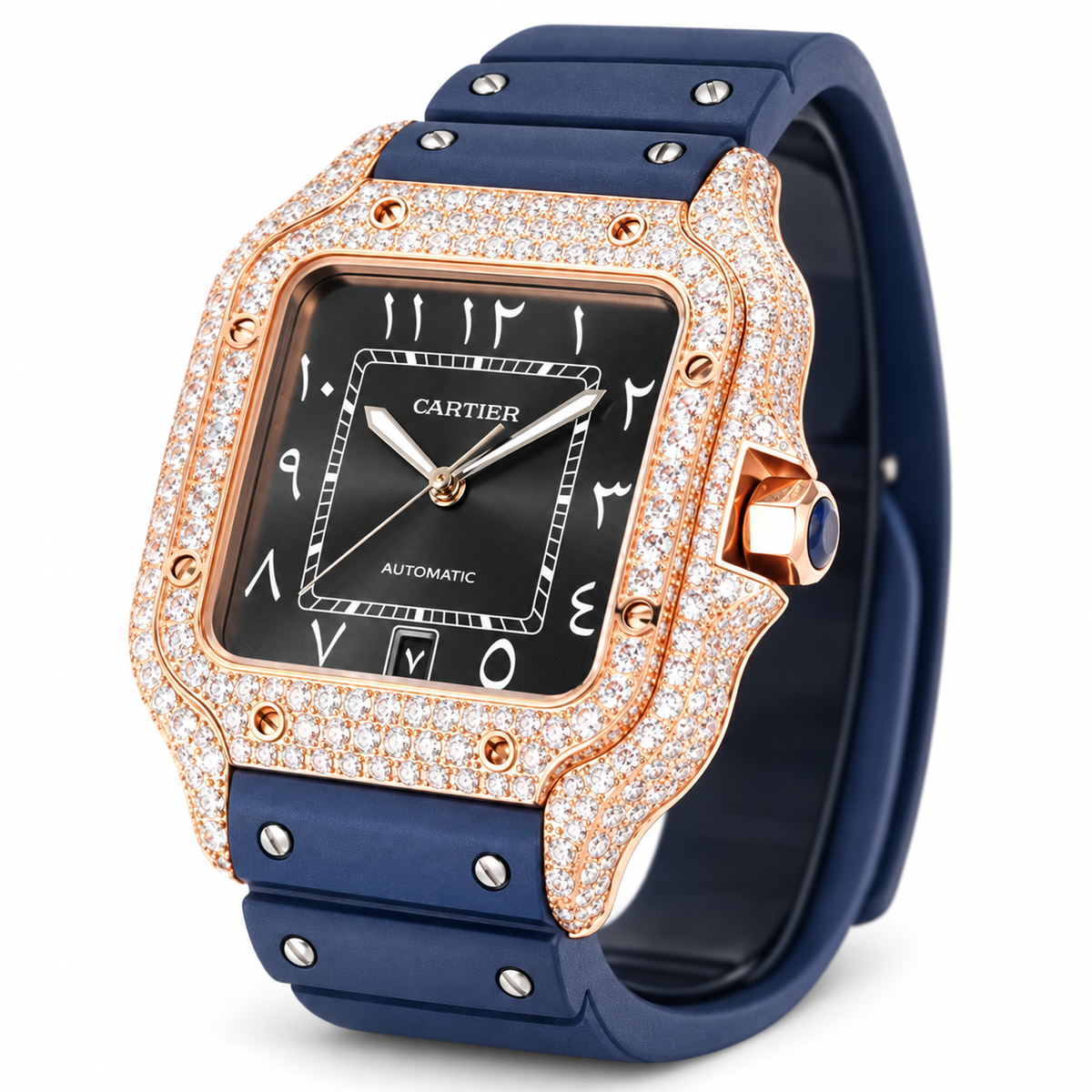 Cartier Santos de Cartier Automatic — 18K Rose Gold, Full Diamond Bezel, Grey Arabic Dial & Navy Rubber Strap, Large