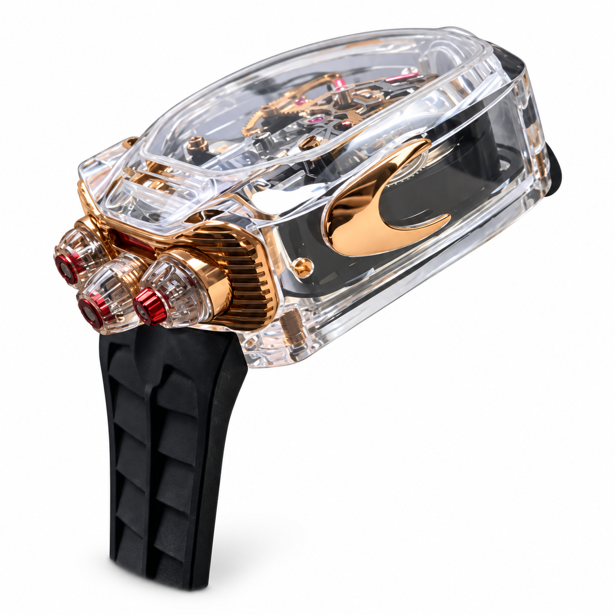 Jacob & Co. x Bugatti Chiron Clear Sapphire Rose Gold Tourbillon Black Rubber Watch
