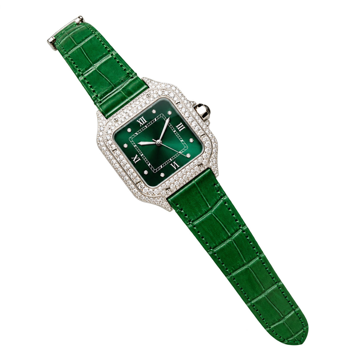 Cartier Santos Diamond Bezel Arabic Green Dial Watch – KDY