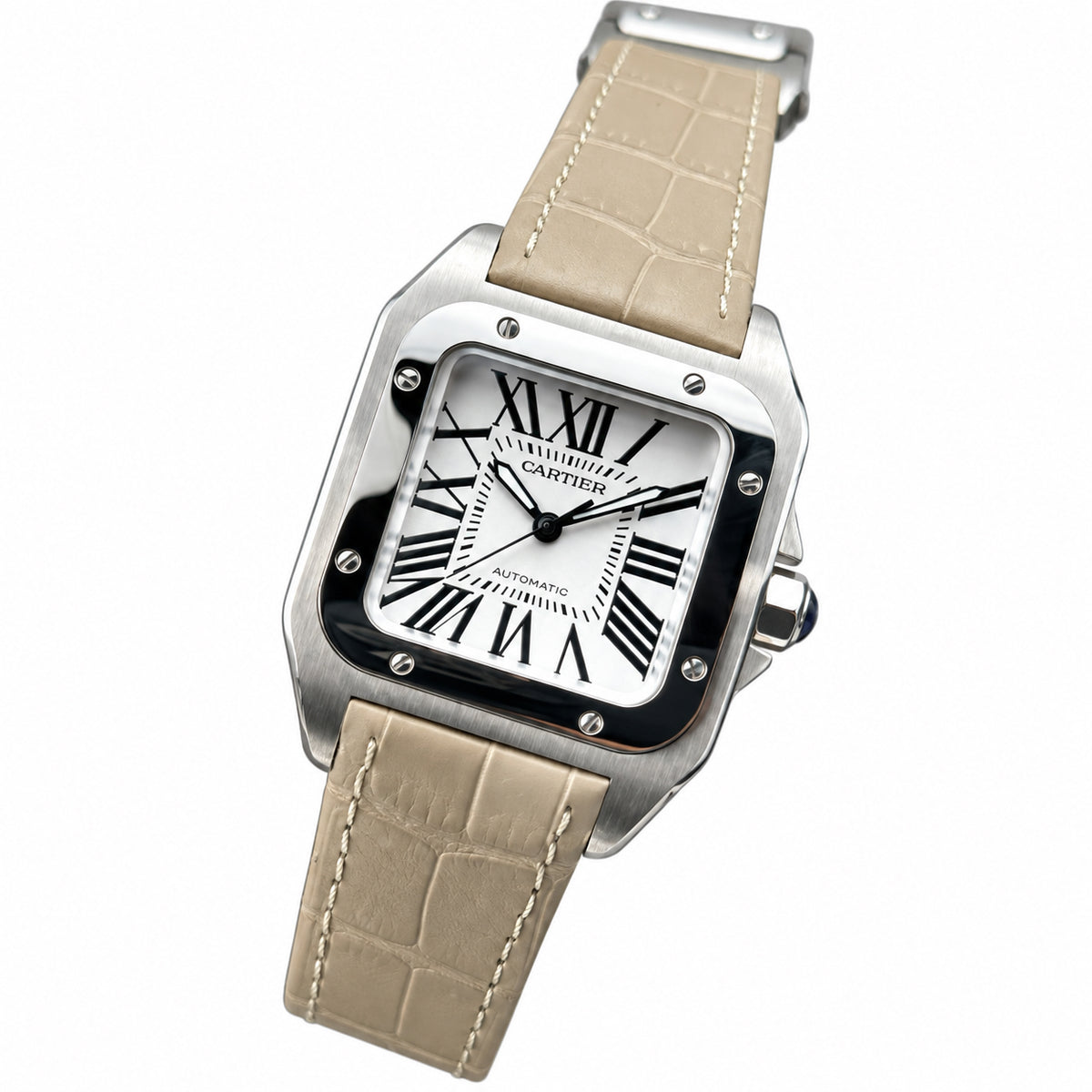 Cartier Santos-Dumont Small — Steel, White Dial, Roman Numerals & Beige Alligator Strap, Women
