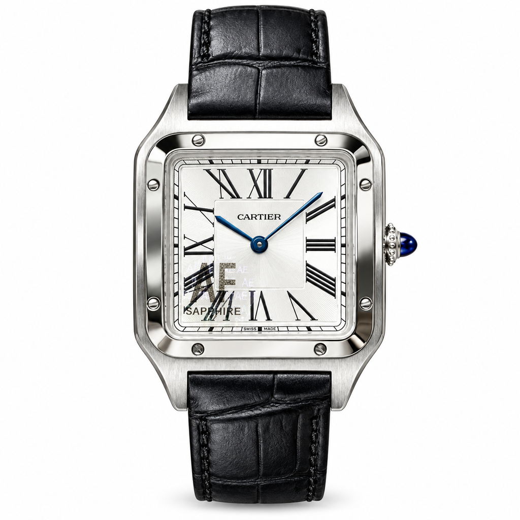 Cartier Santos-Dumont Large — Steel, Silver Dial, Roman Numerals & Black Alligator Strap, Quartz