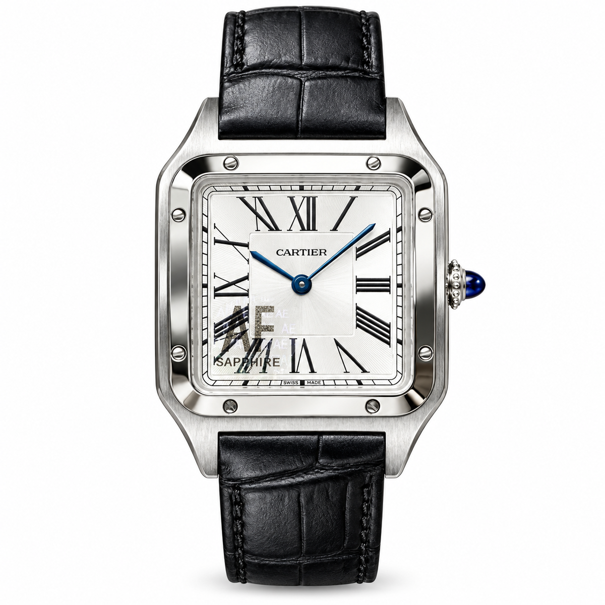 Cartier Santos-Dumont Large — Steel, Silver Dial, Roman Numerals & Black Alligator Strap, Quartz