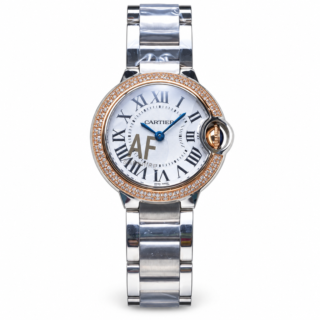 Cartier Ballon Bleu 28mm — Steel & Rose Gold, Diamond Bezel, White Dial, Roman Numerals & Steel Bracelet, Women