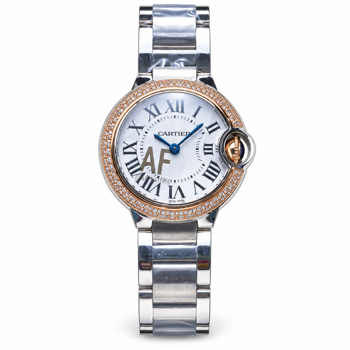Cartier Ballon Bleu 28mm — Steel & Rose Gold, Diamond Bezel, White Dial, Roman Numerals & Steel Bracelet, Women