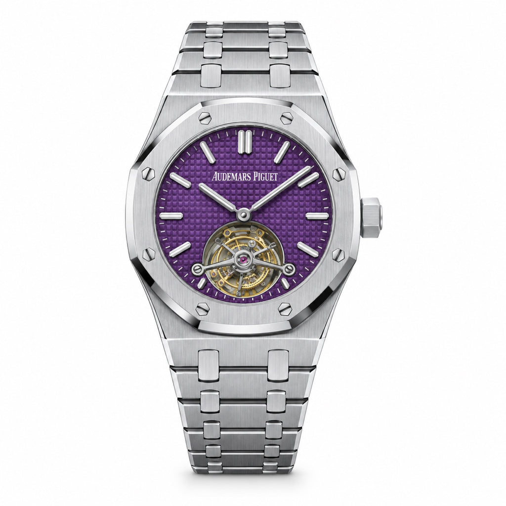 Audemars Piguet Royal Oak Flying Tourbillon 41mm Purple Petite Tapisserie Dial White Gold Indexes Blued Hands Integrated Steel Bracelet