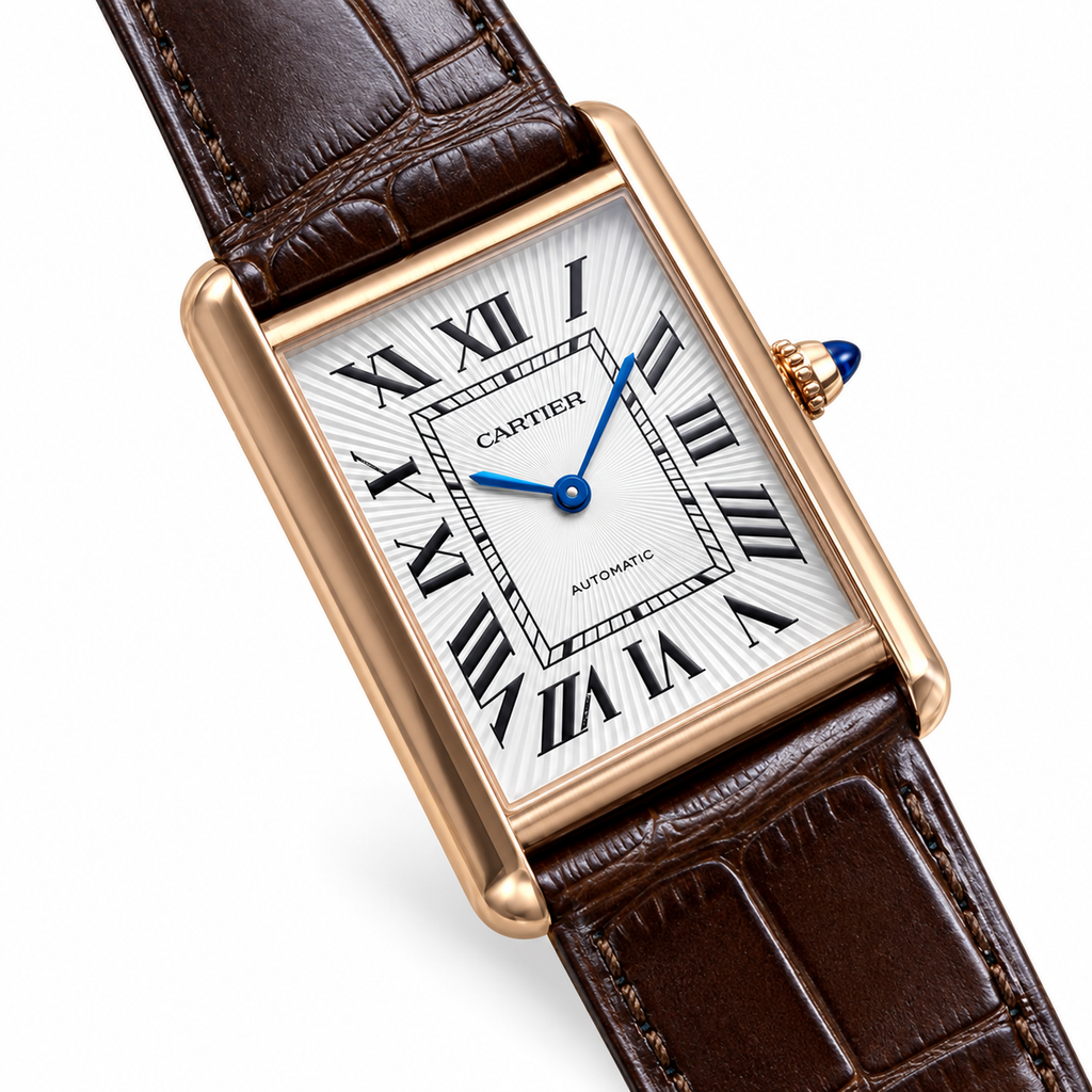 Cartier Tank Louis Large Rose Gold Silver Dial Automatic Brown Strap Watch – KDY