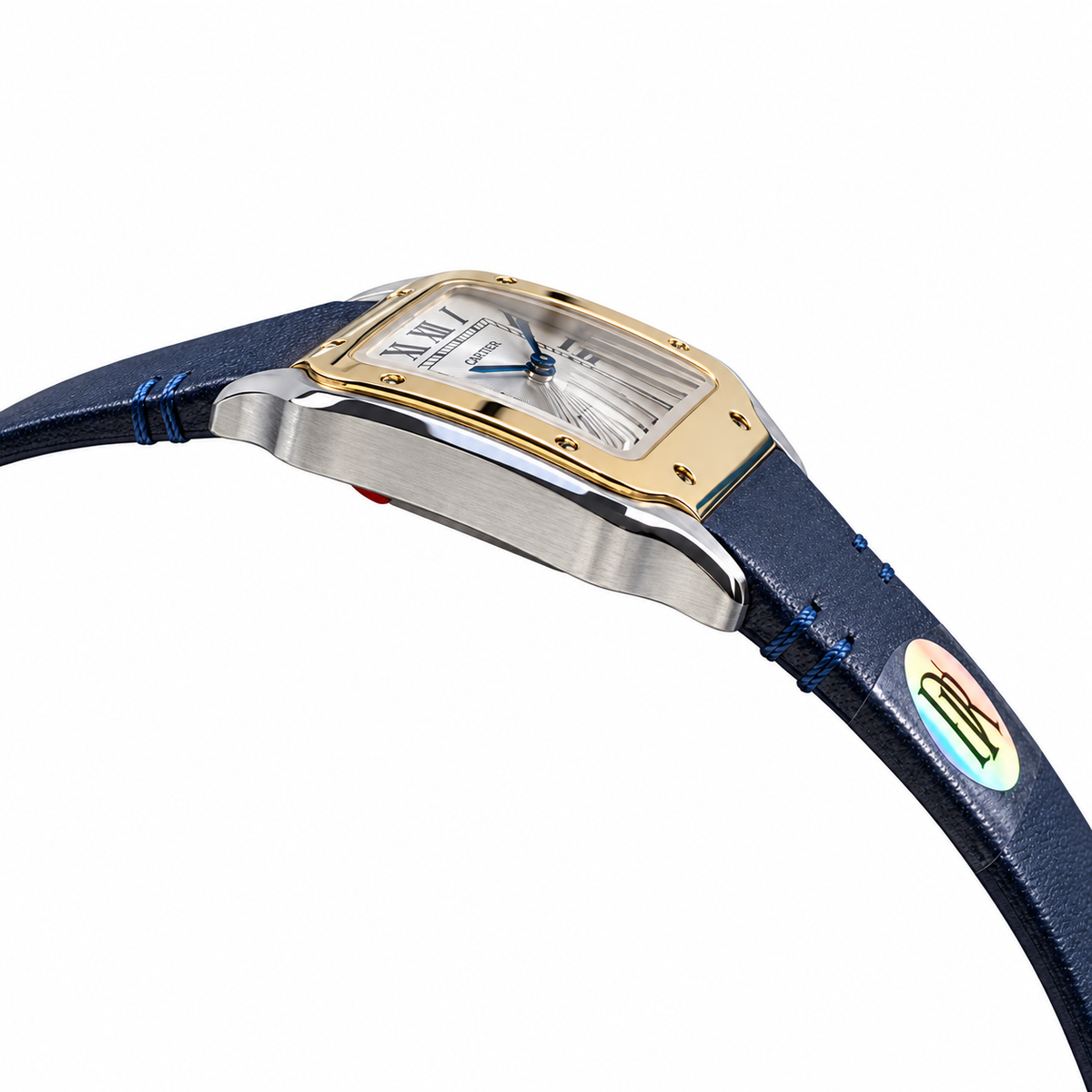 Cartier Santos Small Steel Yellow Gold Two-Tone Silver Dial Quartz Navy Strap Watch – KDY